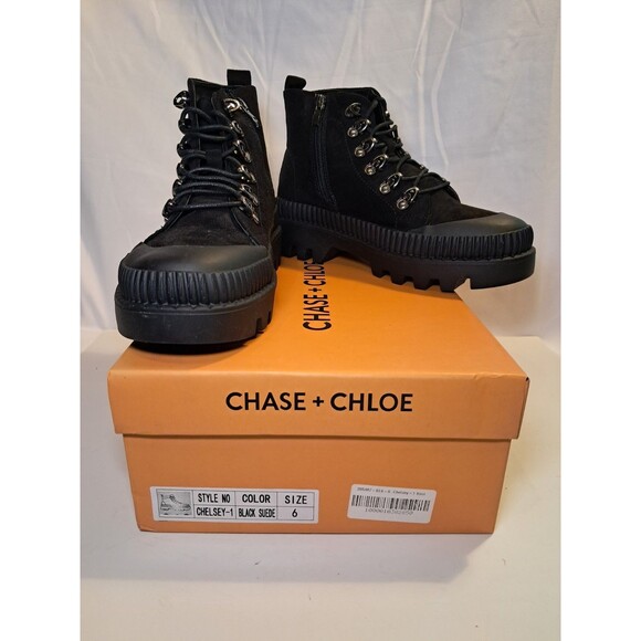 Chase + Chloe Size 6 Chelsey-1 Faux Suede Combat Boots Lace Up Black NIB - Picture 1 of 10